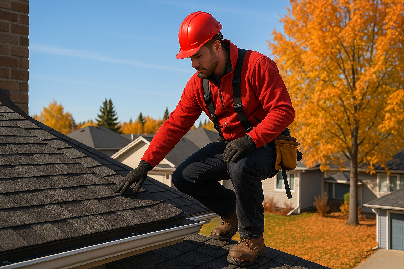 Roof inspector wearing a red jacket and hard hat closely examining asphalt shingles on a residential roof in Calgary during autumn with trees in vibrant fall colors.