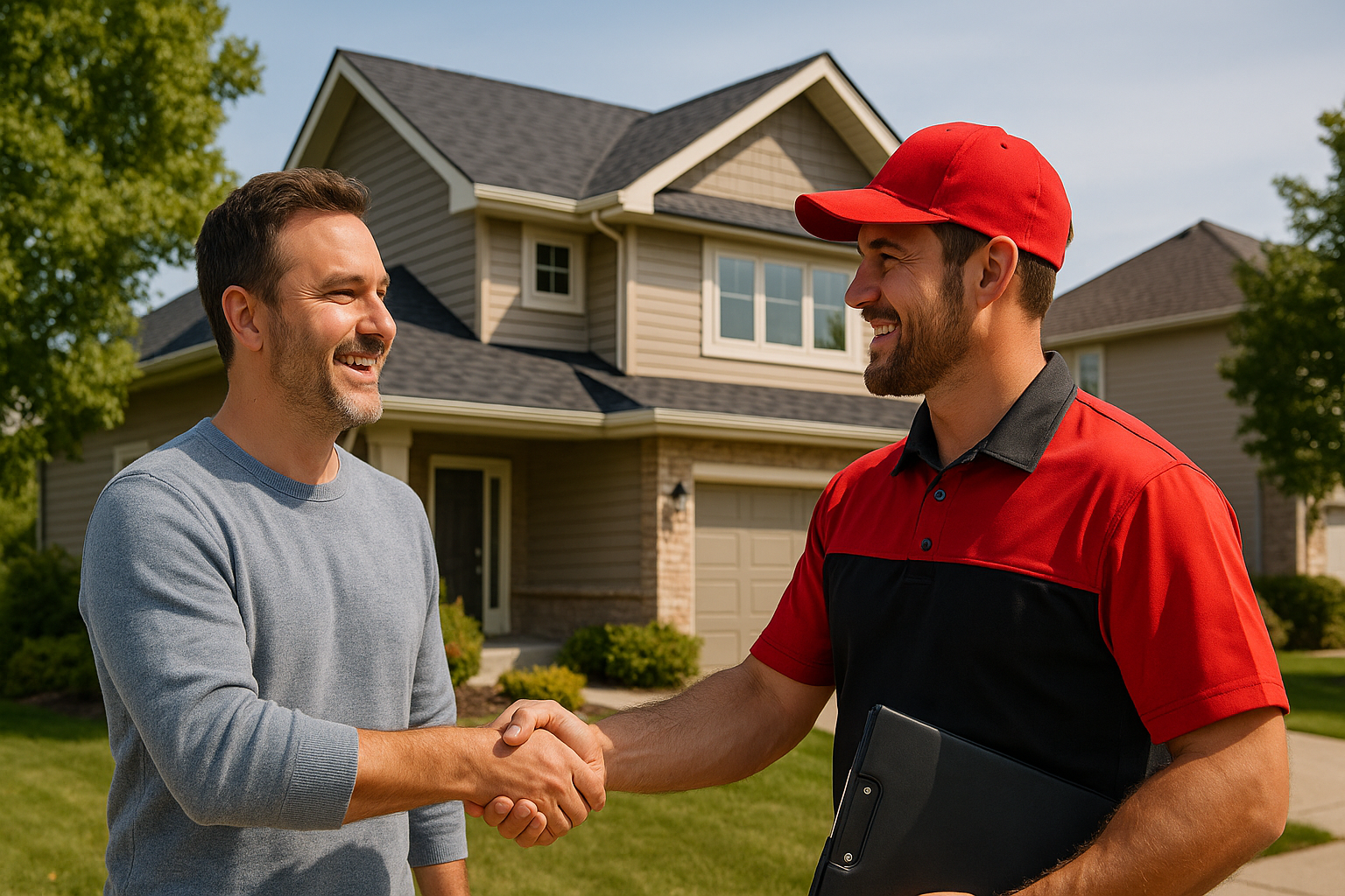 Roof inspection professional in red uniform shaking hands with a smiling homeowner in front of a well-maintained house in Calgary
