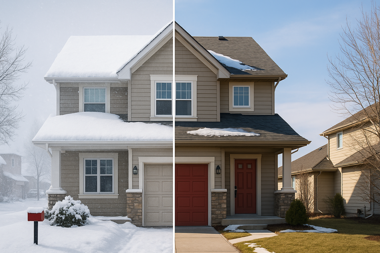 Two-story Calgary home showing a split scene of winter snow and clear spring conditions on the roof and yard, illustrating the impact of different seasons on residential roofs