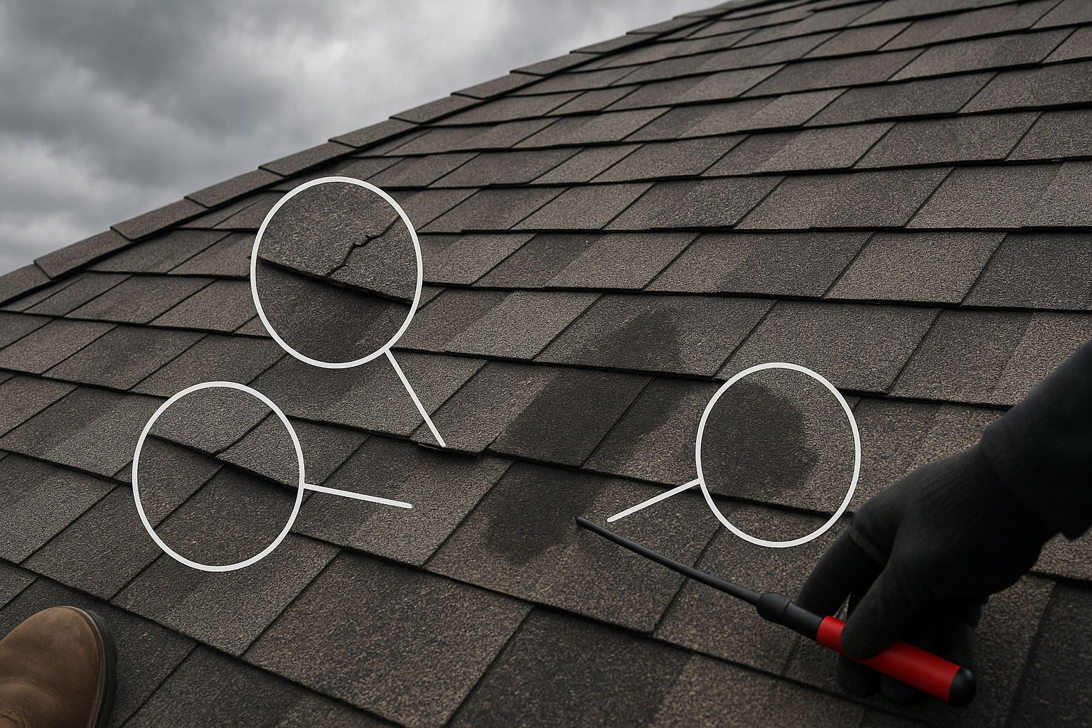 Close-up view of a residential roof inspection in Calgary showing damaged asphalt shingles, cracks, and moisture stains highlighted for assessment by a gloved professional