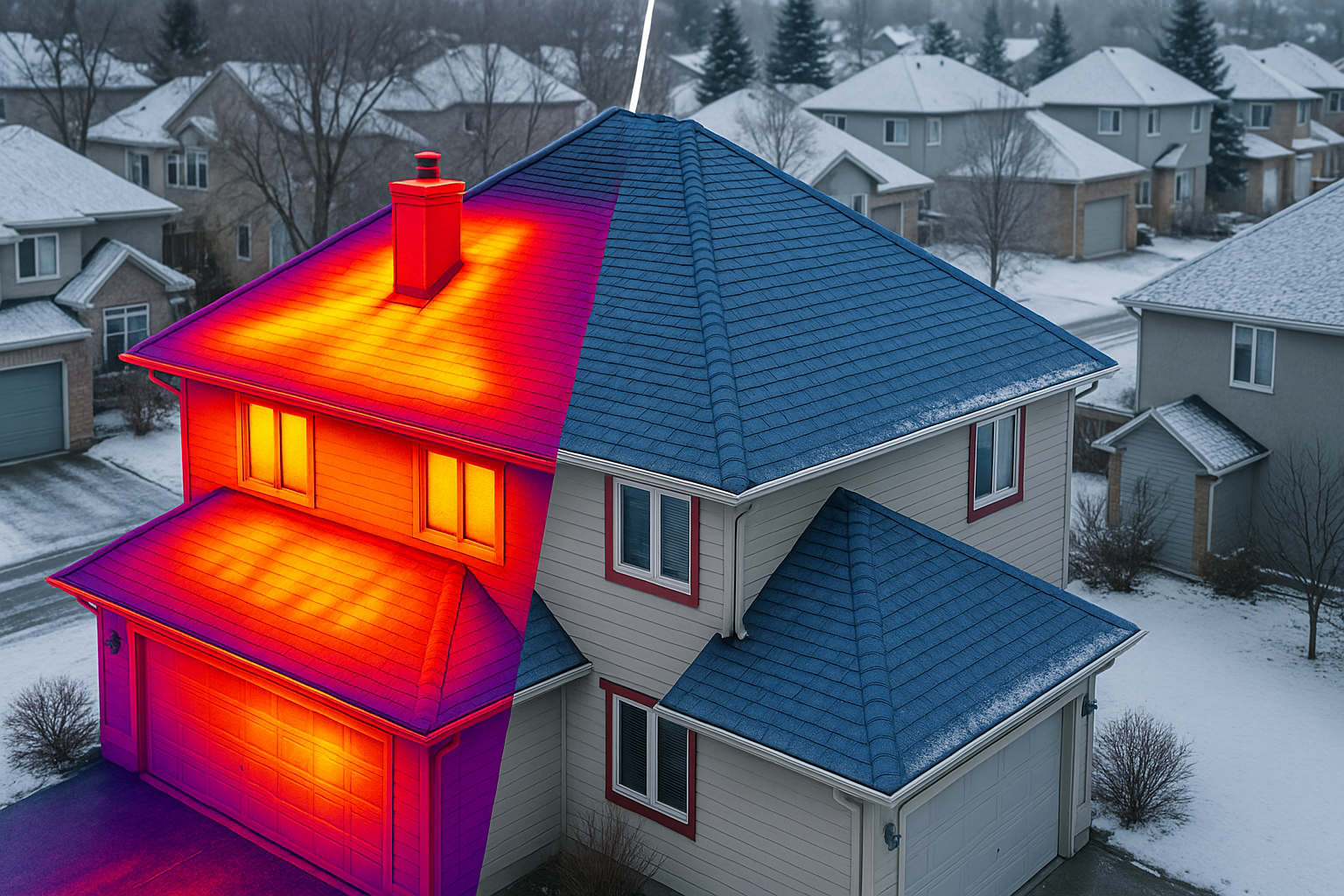 A split-view image of a Calgary home’s roof in winter, showing thermal imaging results on one side highlighting heat loss and a normal exterior view on the other, illustrating professional roof inspection services.