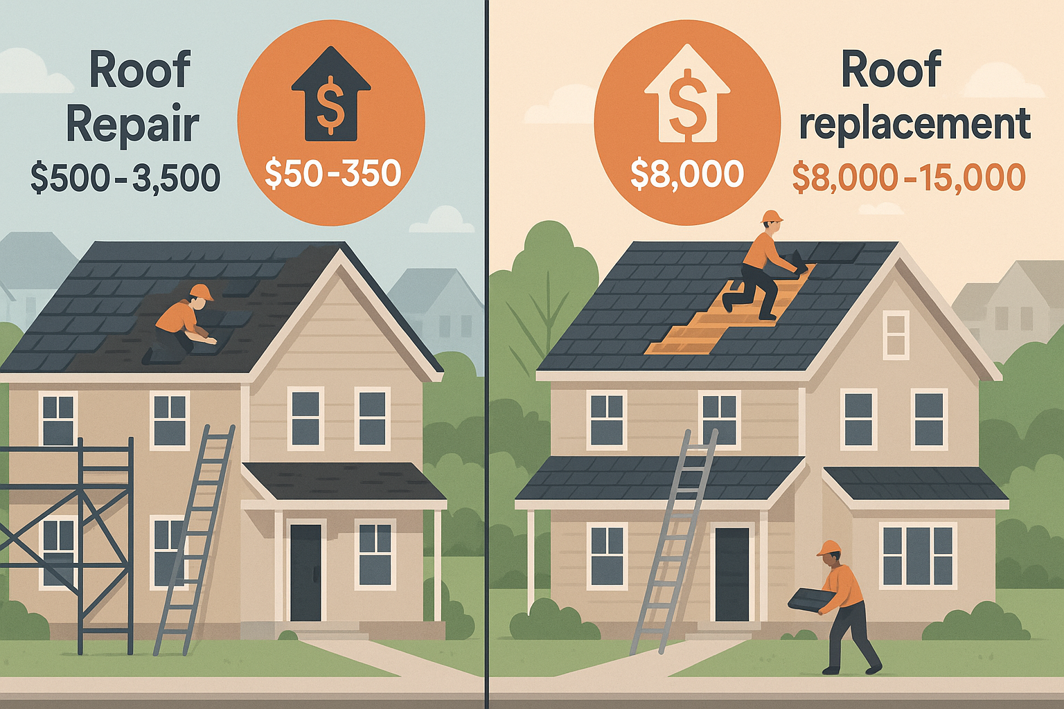 Illustration comparing roof repair and roof replacement costs with workers on rooftops and pricing breakdowns on two homes in a Calgary neighborhood