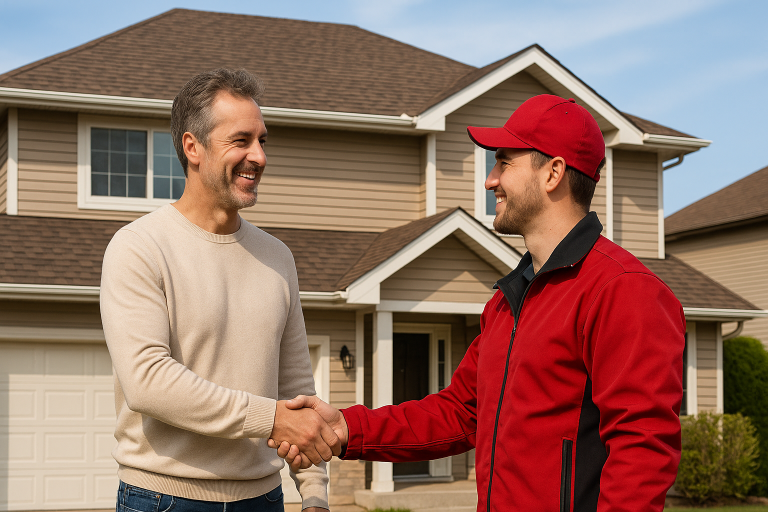 Roofing contractor in red uniform shaking hands with smiling homeowner in front of a modern house in Calgary AB
