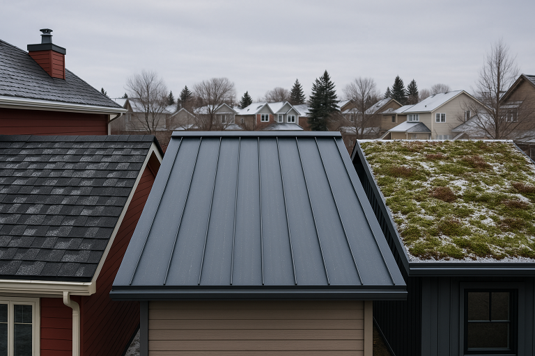 Three Calgary homes with different roofing types including asphalt shingles, standing seam metal, and green roof with moss, showcasing local roofing options under cloudy sky