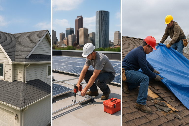Collage showing a residential shingle roof, a contractor installing solar panels on a commercial roof with Calgary skyline, and roofers covering damaged shingles with a tarp