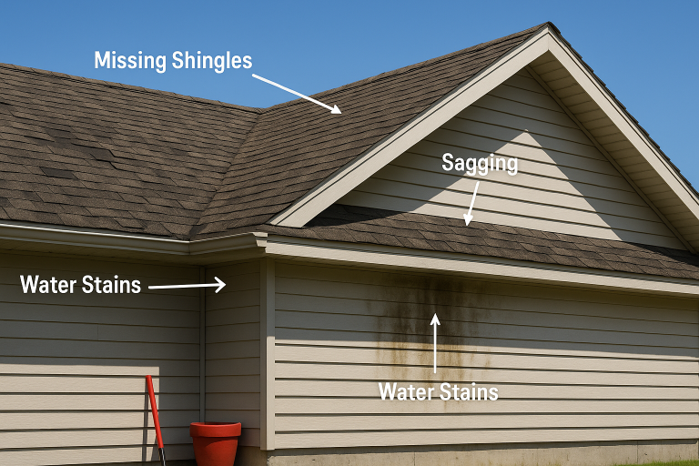 Suburban home roof in Calgary showing missing shingles, visible water stains on siding, and sagging roof section, illustrating common roofing damage indicators