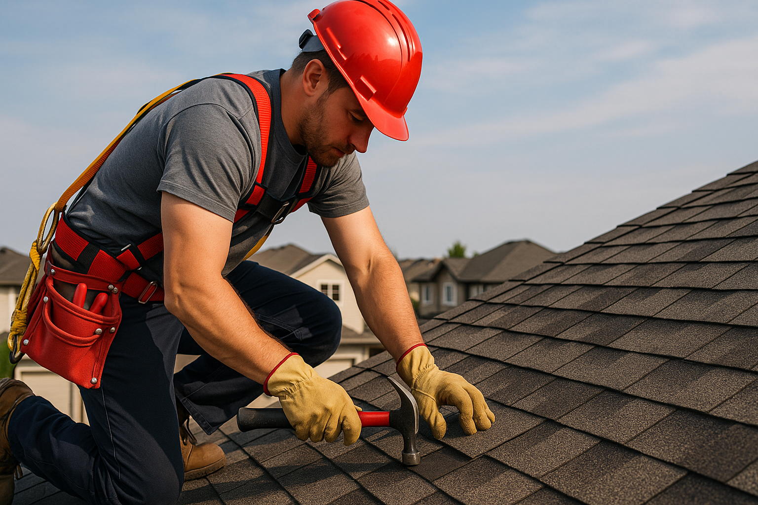 Roofing contractor in safety gear repairing asphalt shingles on a Calgary home roof with a hammer, demonstrating cost-effective roof maintenance