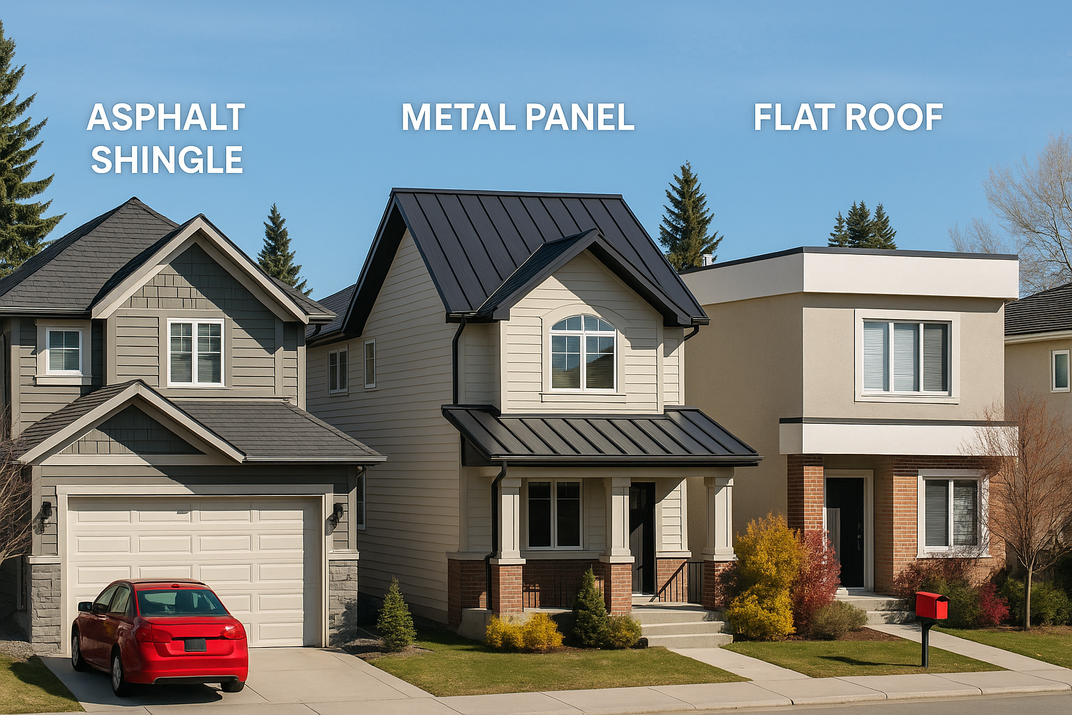 calgary roofing types asphalt shingle metal panel flat roof Three suburban homes in Calgary each featuring a different roofing style: asphalt shingle, metal panel, and flat roof, demonstrating common roofing options for residential upkeep