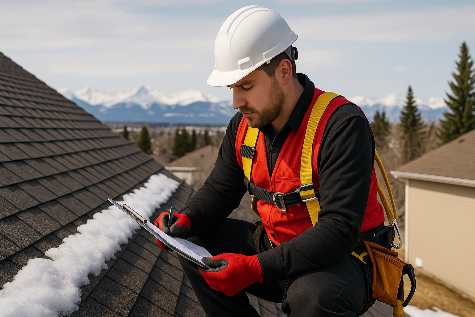 calgary roofing upkeep professional roof inspection winter safety Calgary roofing upkeep professional in safety gear inspecting a residential roof with snow, mountains in the background, recording notes on a clipboard