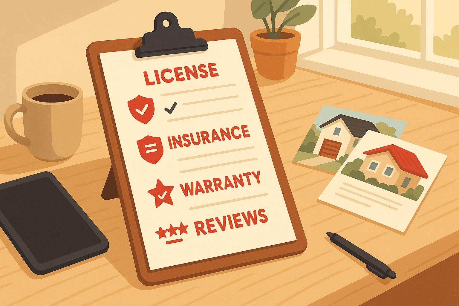 Calgary Roofing Upkeep Professionals – Trusted Local Experts | Impress Roofing 1 Illustration of a checklist on a clipboard detailing license, insurance, warranty, and reviews for roofing upkeep, with house photos, coffee cup, and tablet on a sunny Calgary office desk