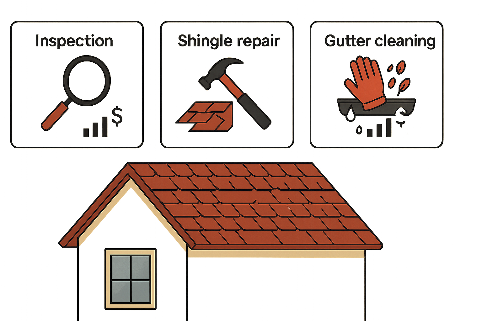 Calgary Roofing Upkeep Professionals – Trusted Local Experts | Impress Roofing 3 Vector illustration showing a house with icons for inspection, shingle repair, and gutter cleaning, representing common roofing upkeep services in Calgary AB.