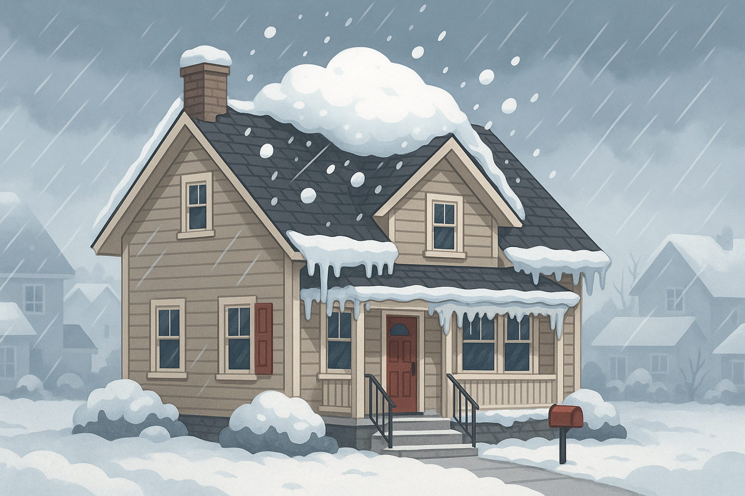 Suburban Calgary home with snow and icicles accumulating on the roof during a winter storm, illustrating the need for professional roofing upkeep