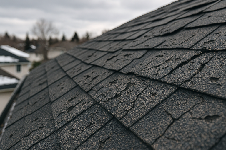 Close up of cracked and worn asphalt shingles indicating roof damage on a residential home in Calgary neighborhood