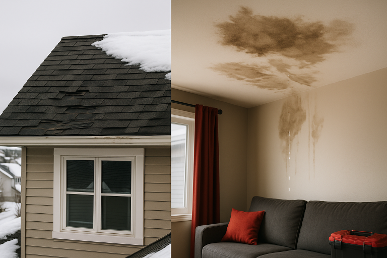 Side by side view of a Calgary home with damaged asphalt roof shingles and snow buildup, and an interior ceiling with severe water stains and leaking above a living room couch, highlighting the need for roof repair.