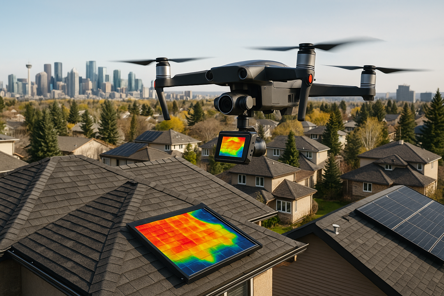 A drone conducts a thermal inspection of a residential roof in Calgary, displaying a colorful heat map, with the city skyline in the background.
