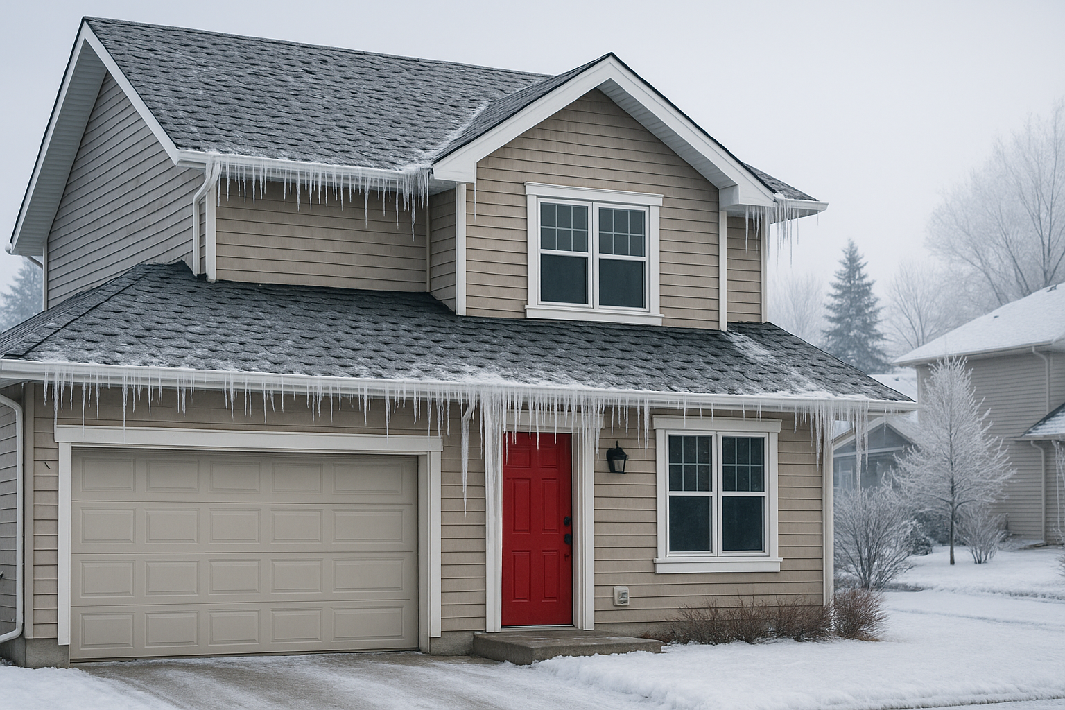 Modern beige house in Calgary with icicles and ice dams forming along the edge of the shingled roof, illustrating common winter roof repair issues identified during inspections