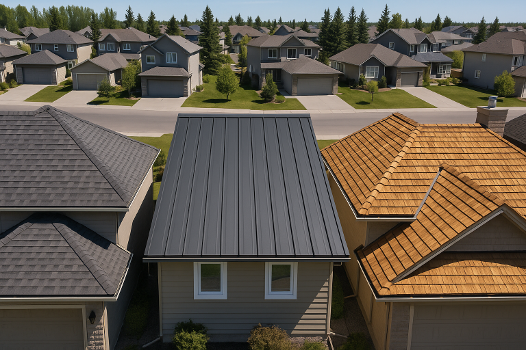 Aerial view of different residential roofs in Calgary showcasing asphalt shingles, metal roofing, and wood shake options in a suburban neighborhood