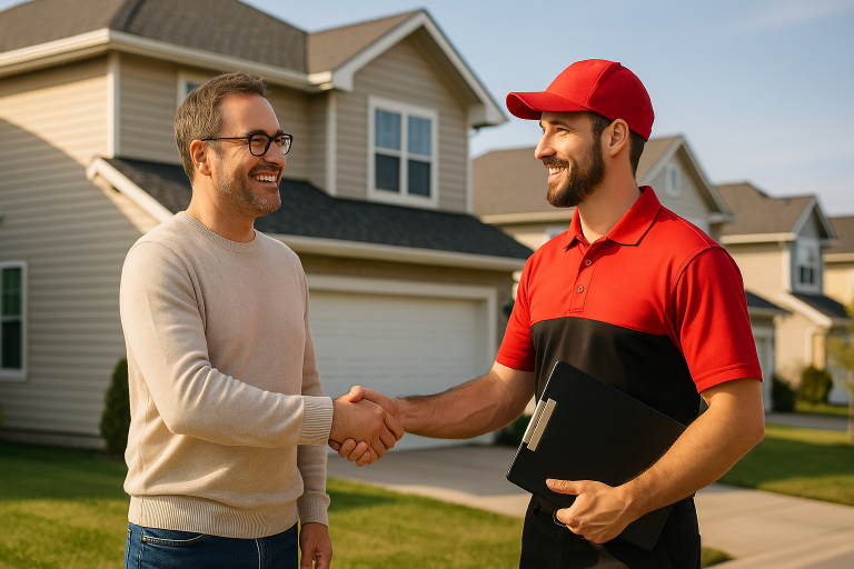 A roofing contractor in a red uniform shakes hands with a smiling homeowner in front of a modern Calgary home, conveying trust and professionalism.