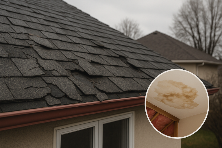 Close-up of weathered asphalt shingles with curled edges and visible cracks on a Calgary home roof, with an inset showing a large brown water stain on an interior ceiling indicating a roof leak.