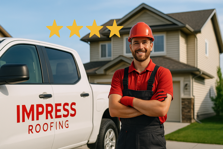 Smiling roofing contractor in red uniform and hard hat standing beside Impress Roofing & Exteriors truck in front of modern Calgary home with five star review icons above