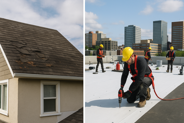 Damaged residential roof shingles on left and professional roofing crew installing flat commercial roof in Calgary with city skyline in background