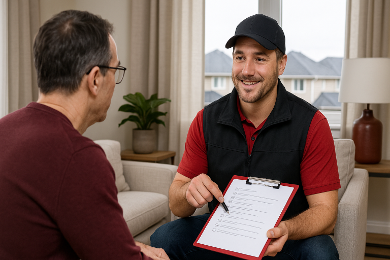 Smiling roofing contractor in uniform discussing project details with homeowner indoors while holding a checklist clipboard in Calgary