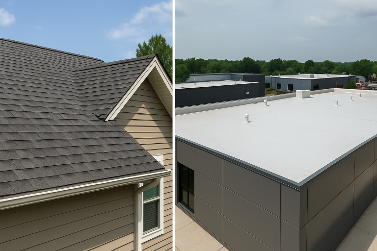 Side-by-side image of a residential house with asphalt shingle roofing and a commercial building with a flat white membrane roof, showcasing expert roofing solutions in Calgary