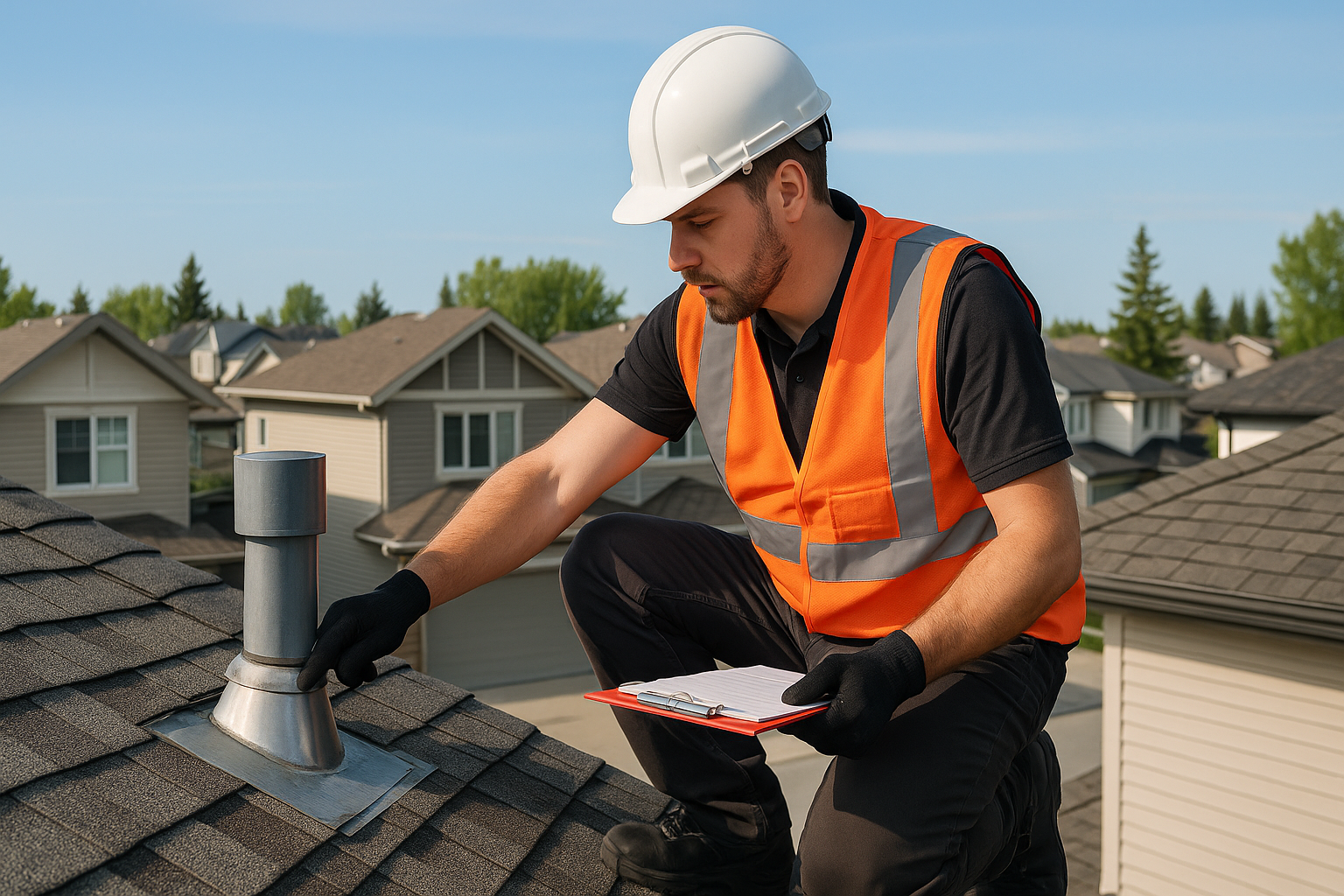 Roof inspector in safety gear examines roof vent flashing for common repairs on a residential home in Calgary neighborhood during a professional roof inspection.