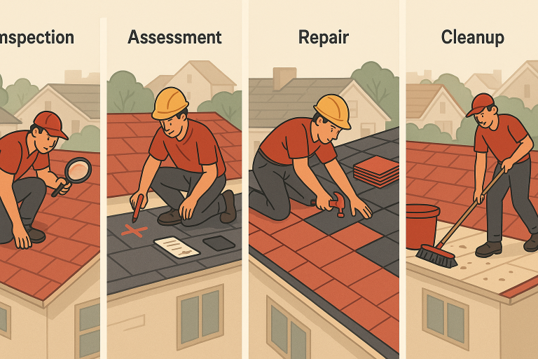 Illustration showing the four main stages of roof repair in Calgary, including inspection, assessment, repair work, and final cleanup performed by roofers