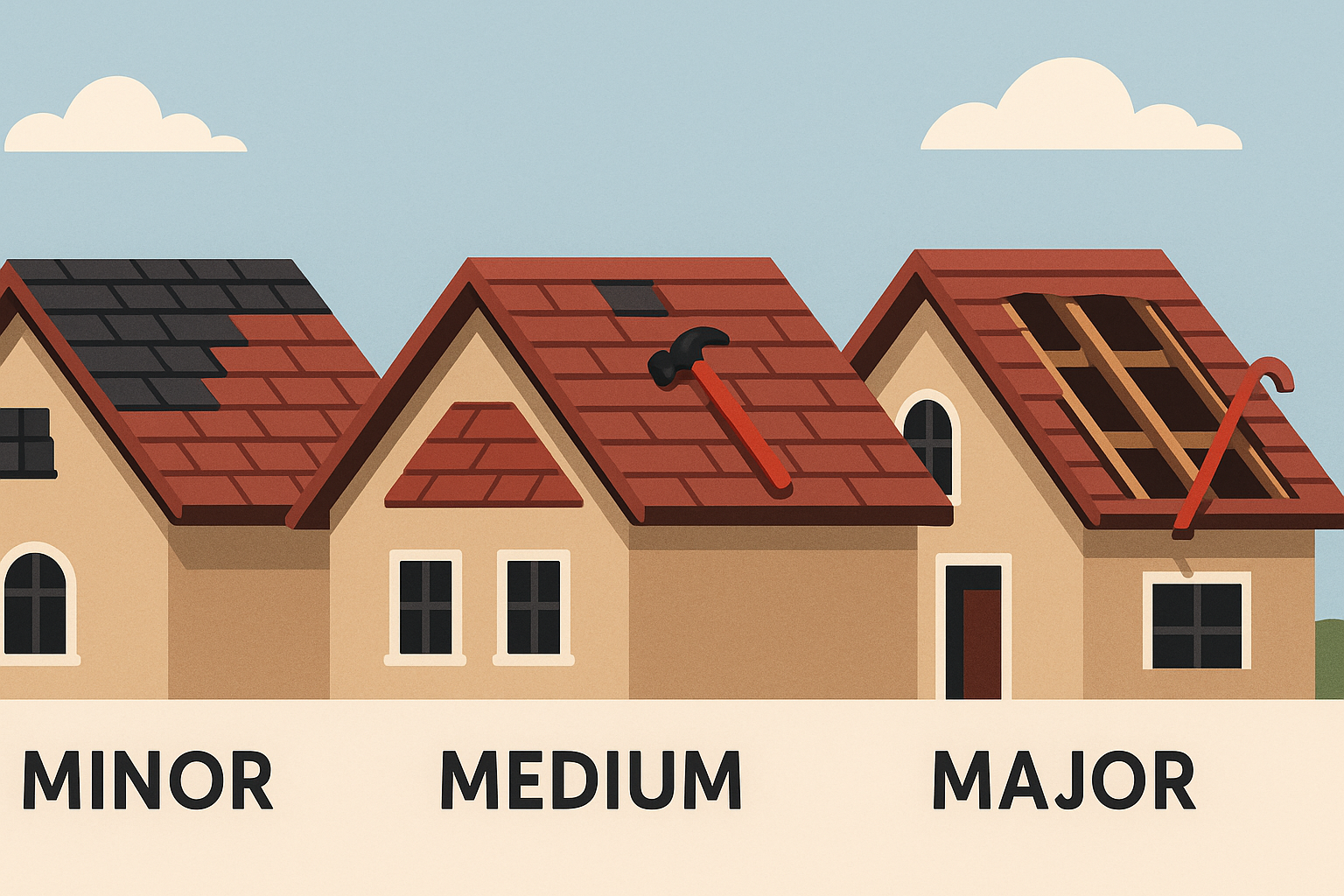 Illustration showing three houses with different roof damage levels labeled minor medium and major representing types of roof repair in Calgary