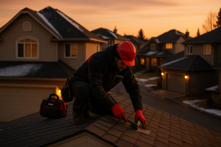 Roof repair specialist in red safety gear fixes asphalt shingles on a residential home in Calgary at sunset with tool bag and houses in the background