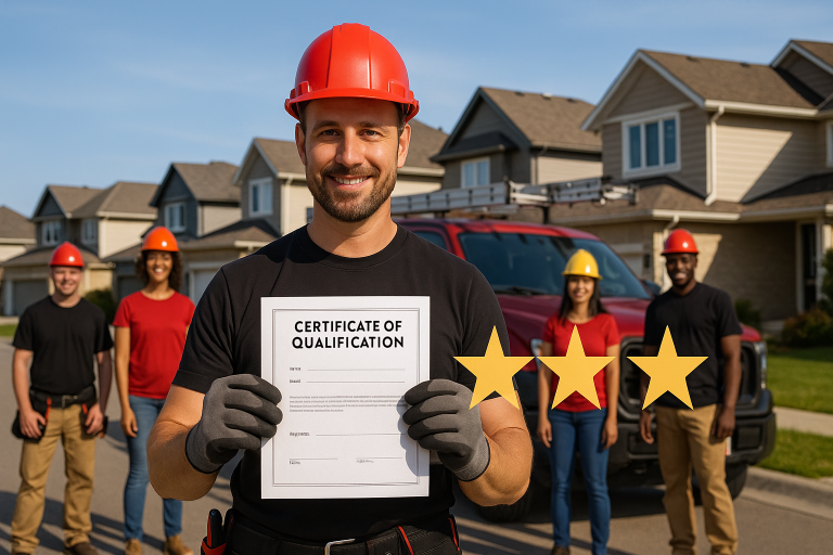 Smiling roofing contractor holding certificate of qualification with a professional team and homes in the background in Calgary neighborhood