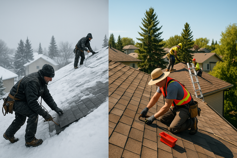 Roofers working on residential roof replacements in Calgary during winter snow and summer sun, highlighting seasonal differences in shingle installation