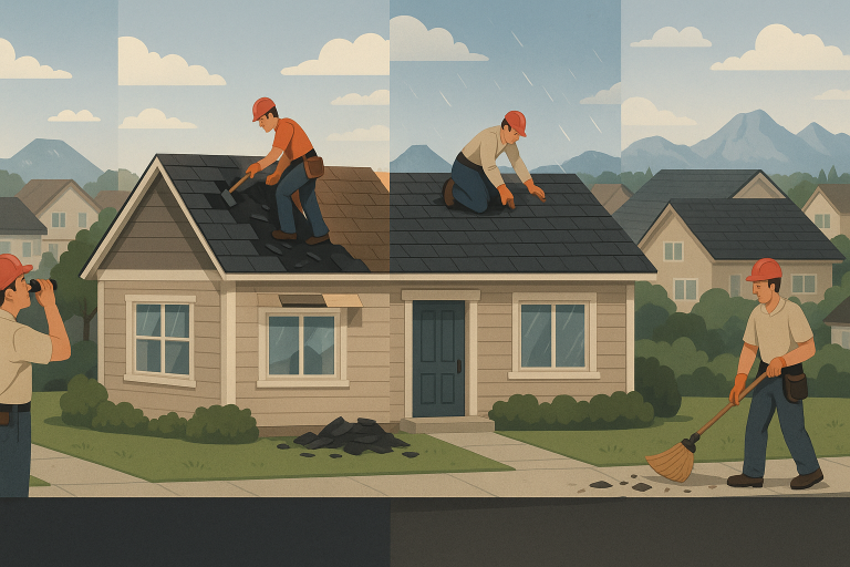 Roofers inspecting, removing, installing, and cleaning up asphalt shingles on a residential home in Calgary neighborhood illustrating stages of roof replacement