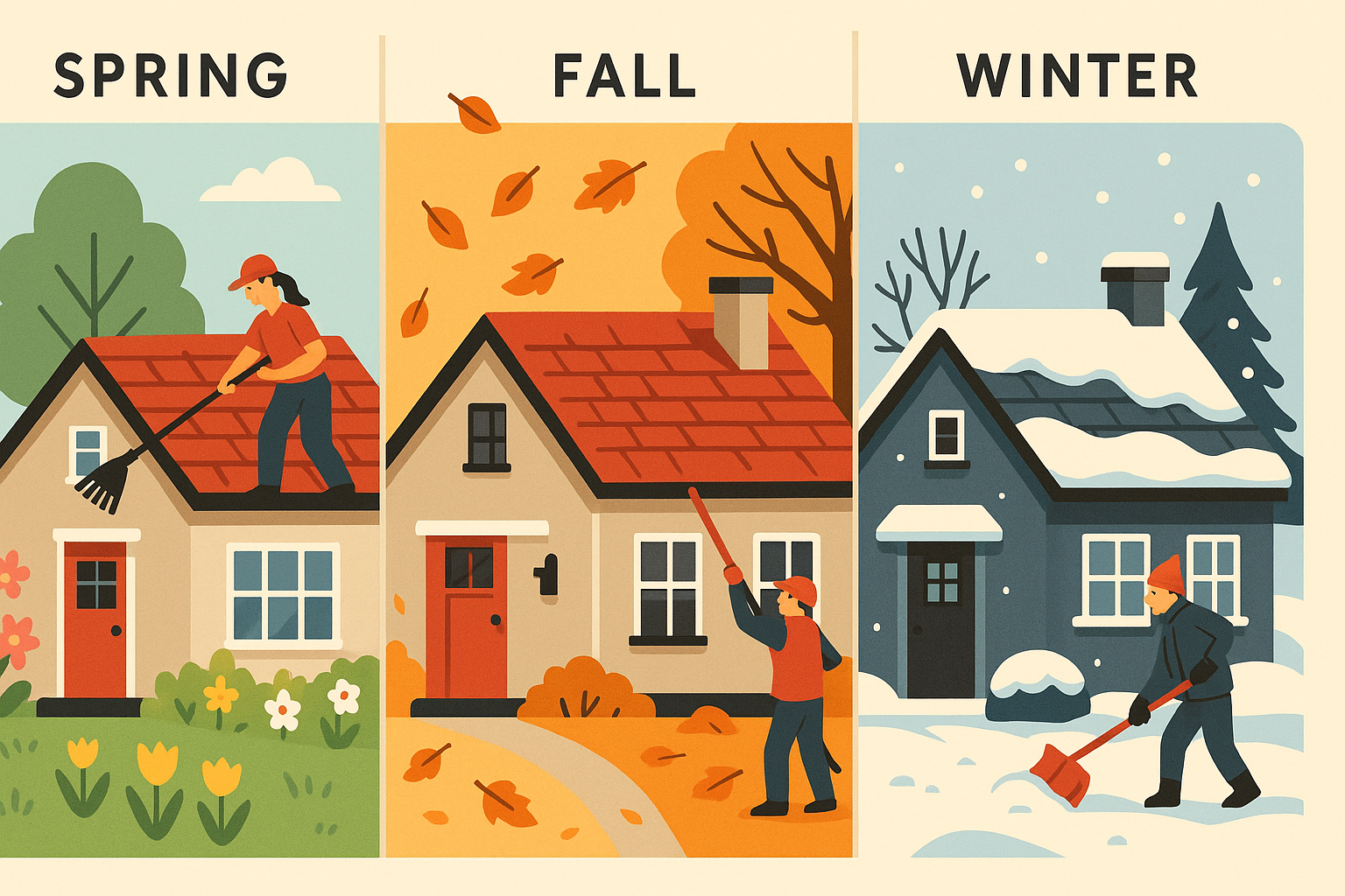 Calgary Roofing Upkeep Professionals – Trusted Local Experts | Impress Roofing 2 Illustration of three homes showing people performing seasonal roofing maintenance tasks in spring, fall, and winter in Calgary