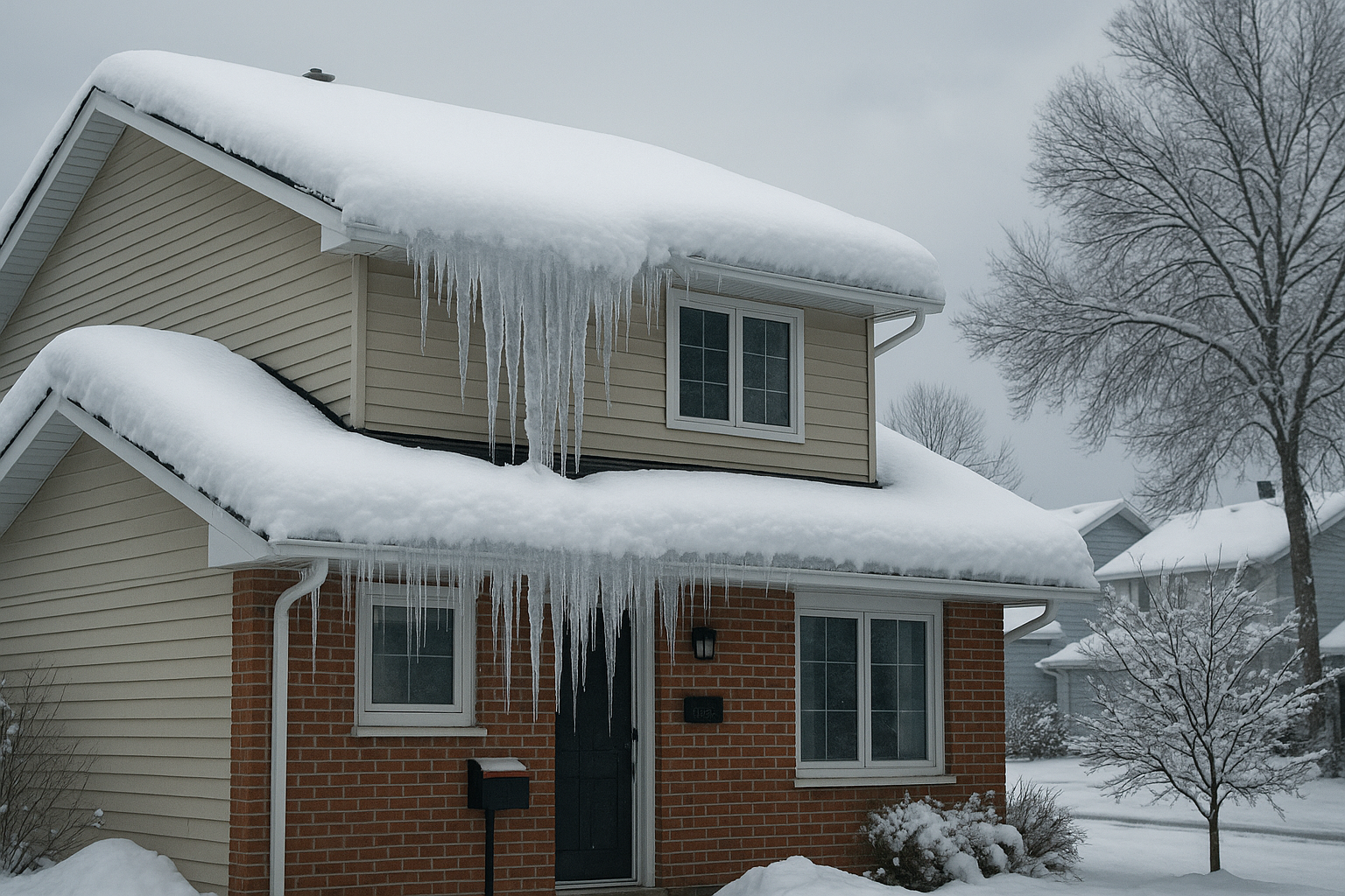 Front view of a suburban home in Calgary covered in heavy snow and large icicles hanging from the roof, illustrating typical winter roof stress and potential damage