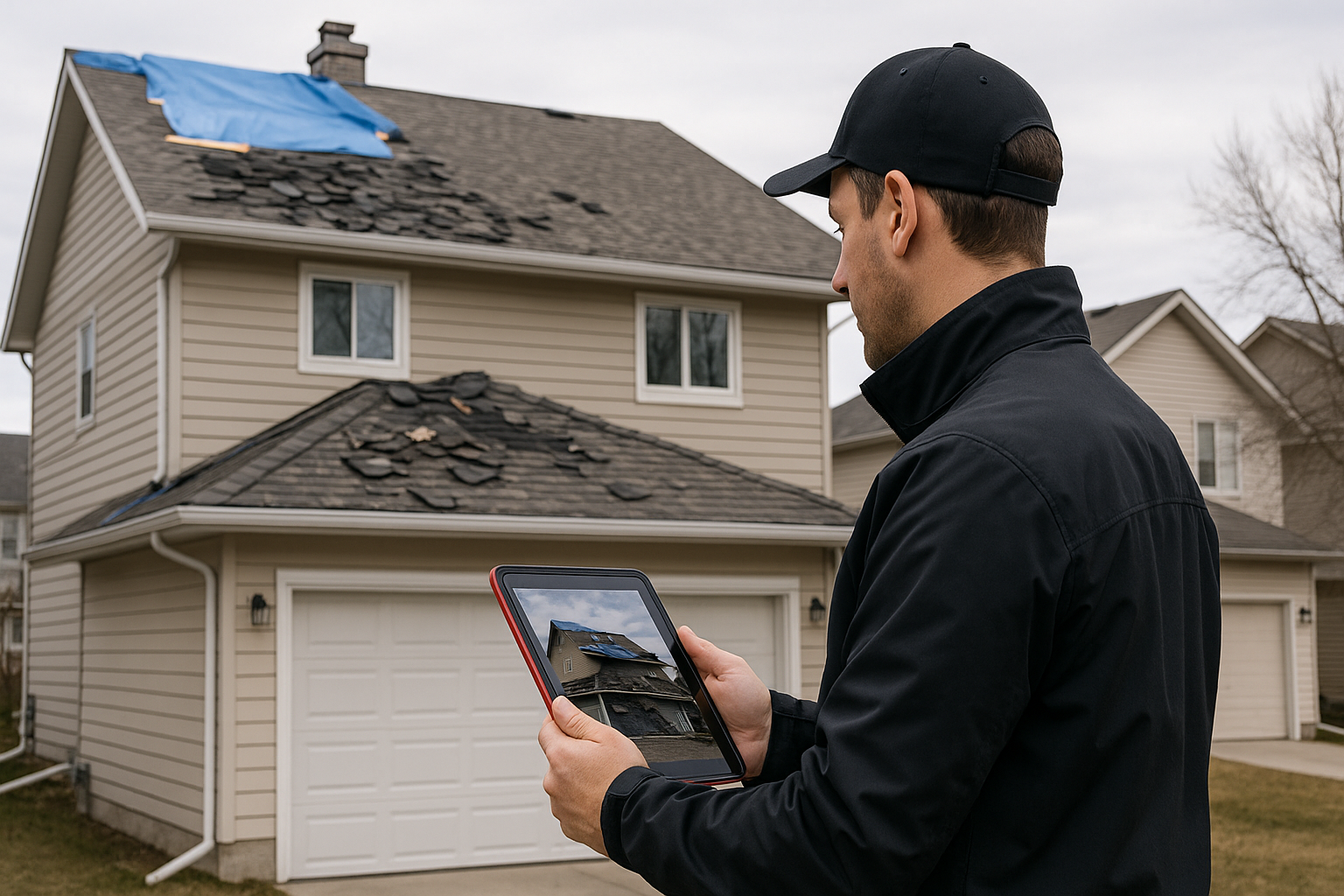 Storm Damage Roof Repair Options Calgary | Impress Roofing 4 Roofing professional assessing storm damaged shingles and tarped area on a Calgary home using a tablet to document roof repair options