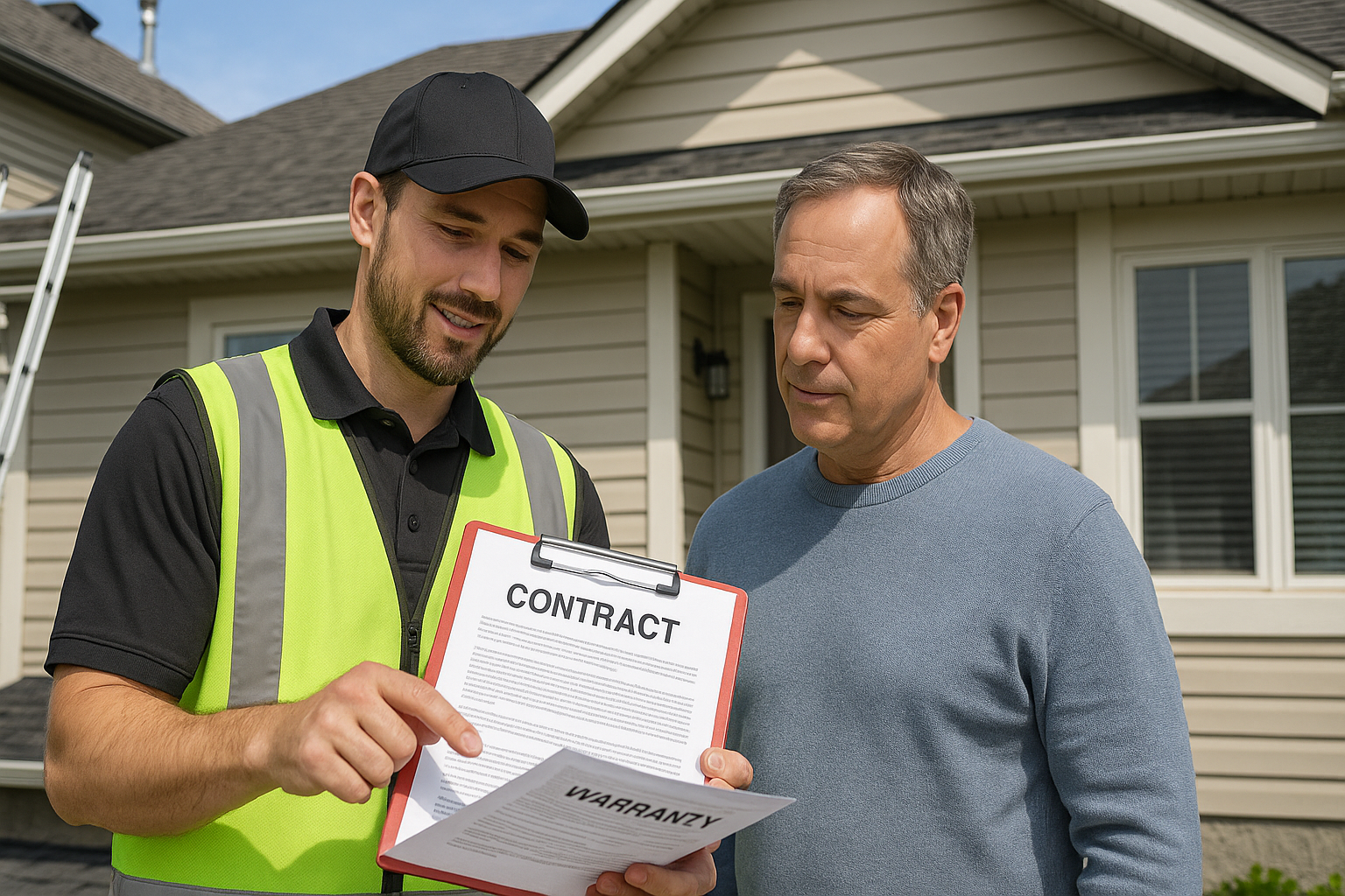Storm Damage Roof Repair Options Calgary | Impress Roofing 5 Roofing contractor in safety vest explaining storm damage repair contract to homeowner in front of Calgary house