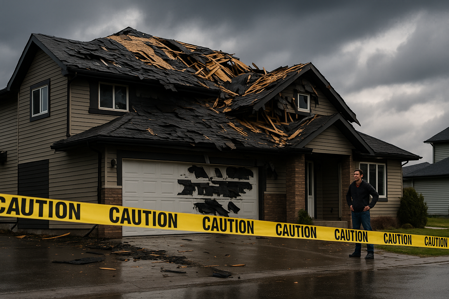 A two-story Calgary home with severe storm damage to the roof, missing shingles, exposed wood, debris on the driveway, and caution tape blocking the area under dark skies