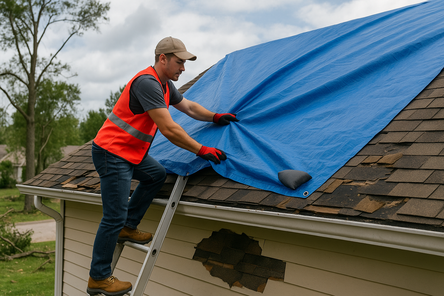 Storm Damage Roof Repair Options Calgary | Impress Roofing 2 Roofing contractor in safety vest and gloves securing blue tarp over damaged shingles on a residential roof after a severe storm in Calgary AB