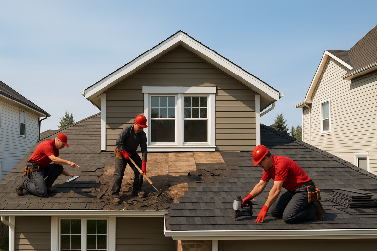 Team of roofing professionals in red uniforms and helmets replacing asphalt shingles on a home roof in Calgary, AB