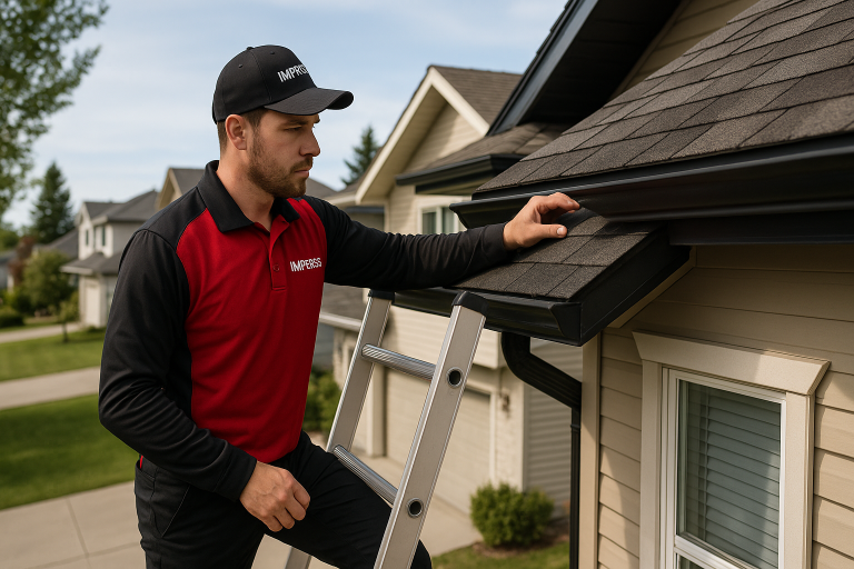 Roofer from Impress Roofing & Exteriors inspecting asphalt shingles on a residential home in Calgary while standing on a ladder