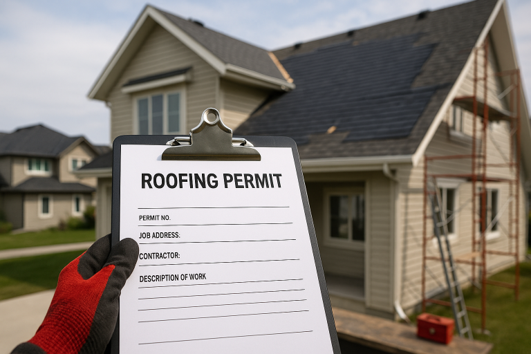 A person holds a roofing permit clipboard in front of a house undergoing asphalt shingle replacement in Calgary, with scaffolding and roofing materials visible