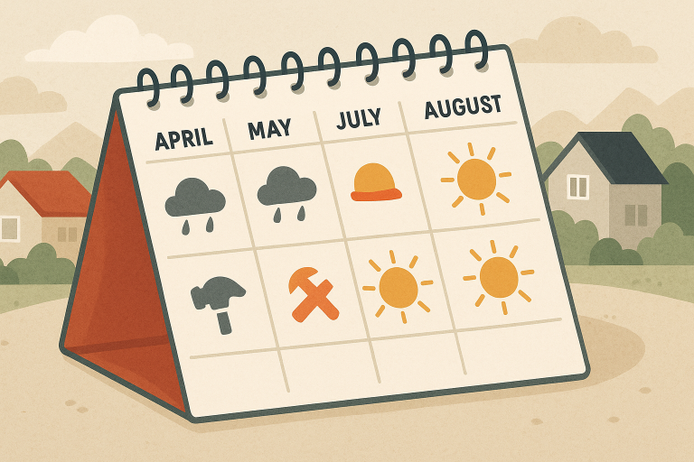 Illustrated calendar showing ideal months for asphalt shingle replacement in Calgary with icons for rain, sunshine, and construction tools in a residential neighborhood