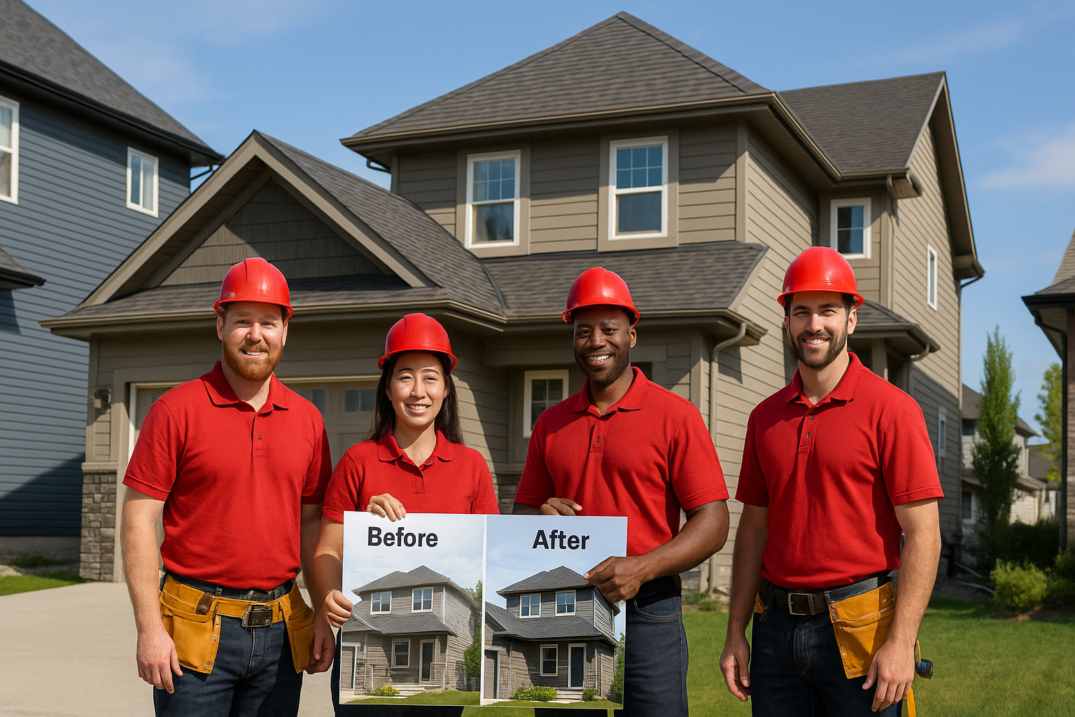 Four roofing contractors in red shirts and hard hats standing in front of a Calgary home, holding a before and after photo showing new asphalt shingle installation