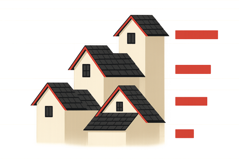 Illustration of several homes with black asphalt shingle roofs and a bar chart showing roofing comparison, representing asphalt shingle replacement in Calgary