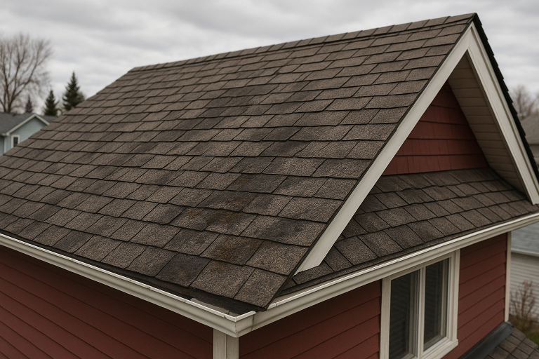 Close up of a restored asphalt shingle roof on a red house in Calgary, showing clean and even shingles with professional installation details.