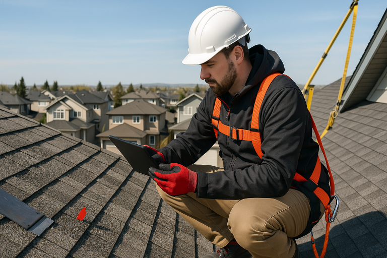 Roofing professional in safety gear inspecting residential rooftop in Calgary neighborhood using tablet to assess restoration needs