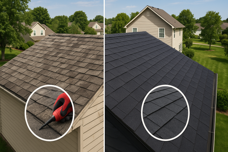 Side-by-side comparison of a Calgary home roof before and after restoration, showing weathered asphalt shingles on the left and freshly restored shingles on the right, with close-up details of both surfaces.
