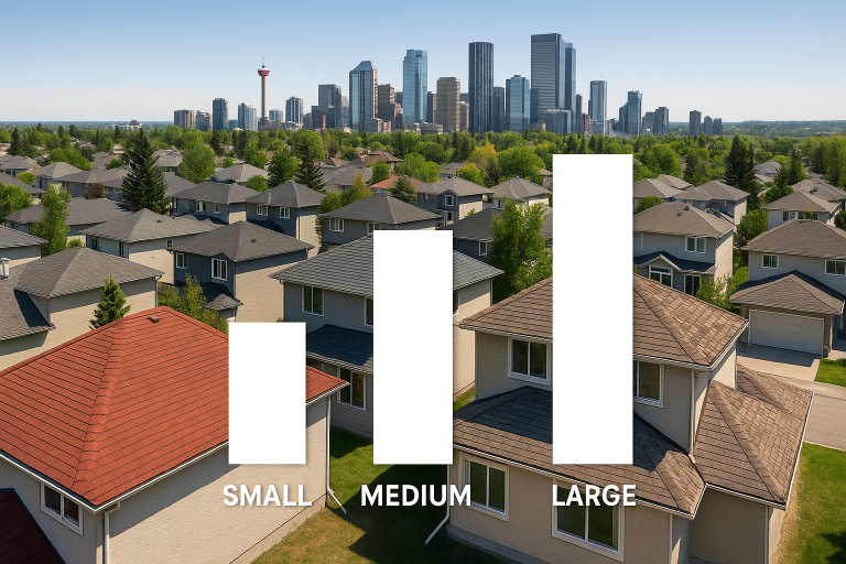 A suburban Calgary neighborhood with various residential roofs in the foreground and downtown Calgary skyline in the background. Overlayed bar chart compares small, medium, and large roof sizes, visually illustrating different service needs.